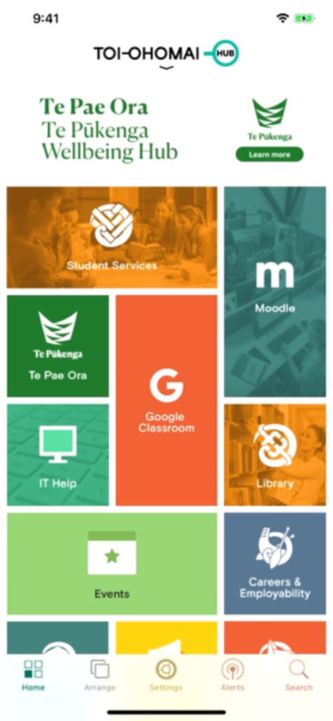 ToiOhomaiHub - ToiOhomaiHub mobile app home screen showing tiles for Moodle Google Classroom and student services