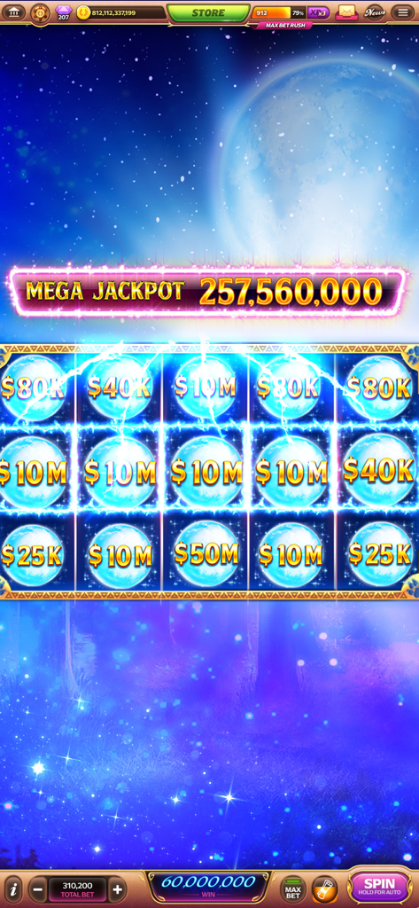 Caesars Slots - Casino Games - Uma captura de tela do Caesars Slots apresentando um mega jackpot e uma máquina de slot com tema lunar.