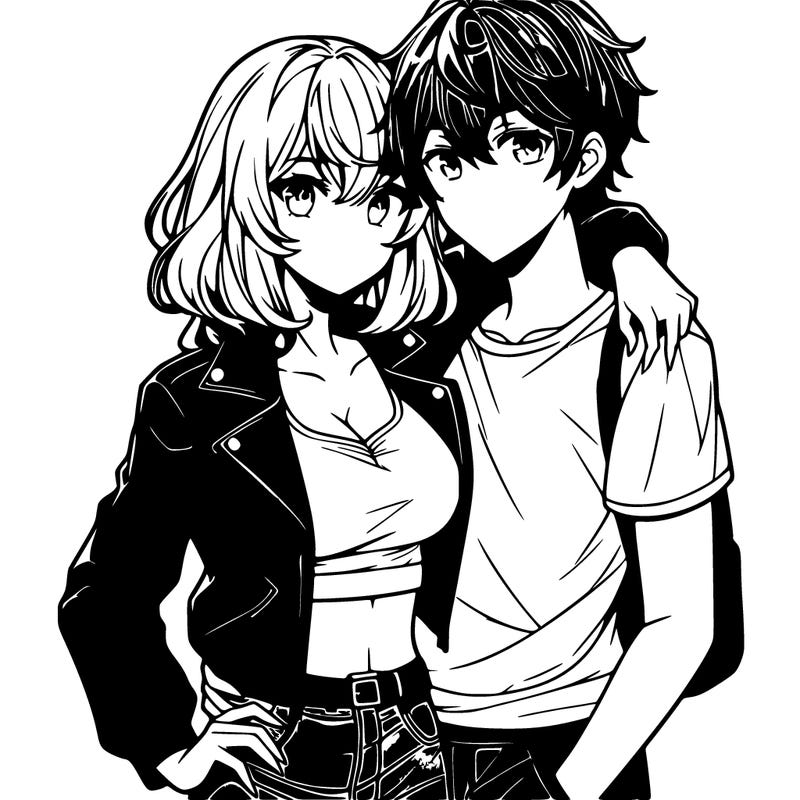anime girl with shoulder length hair wearing a leather jacket and crop top hugging an anime guy wearing a tee shirt