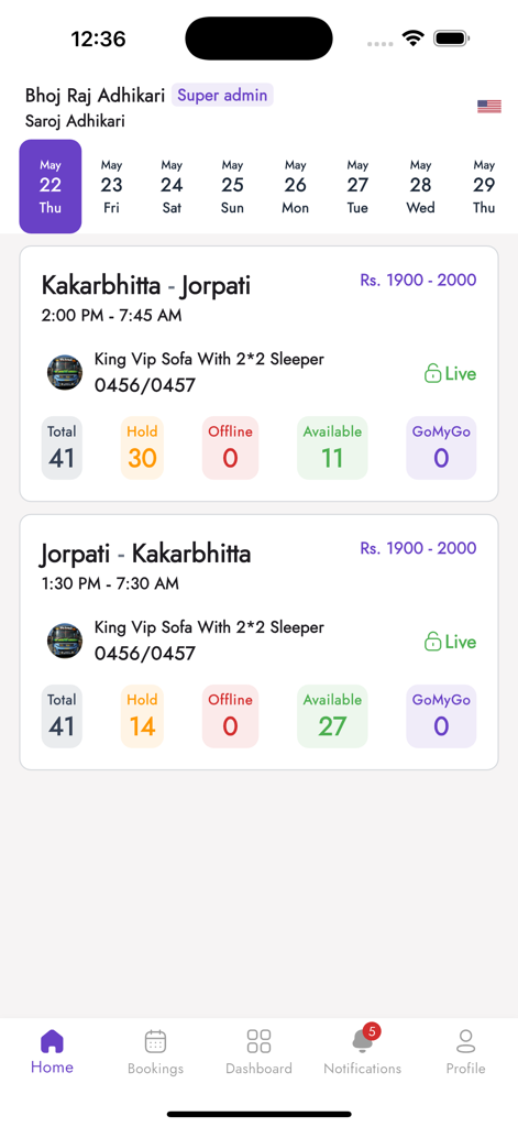 GoMyGo Operators: Manage Bus - Painel de gerenciamento de viagens de ônibus em tempo real com disponibilidade de assentos e detalhes de agendamento