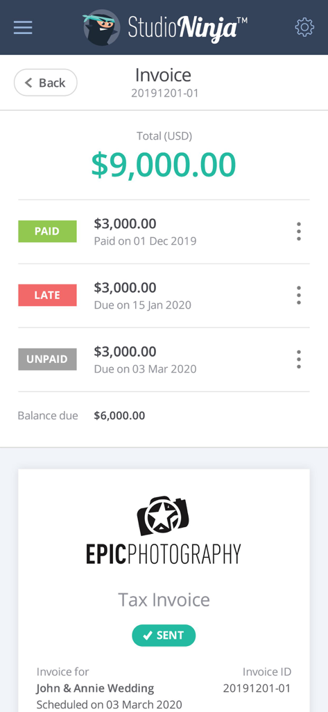 Studio Ninja mobile app invoice screen showing paid and late payment statuses for a photography business