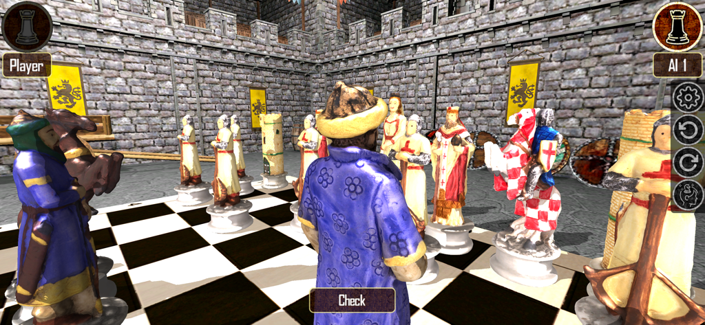 Warrior Chess - A 3D chess game featuring medieval character pieces on a board inside a castle courtyard