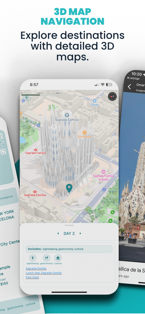 Lets2Go: AI Trip Planner - Lets2Go app showing 3D map navigation of Sagrada Familia in Barcelona with daily trip itinerary.
