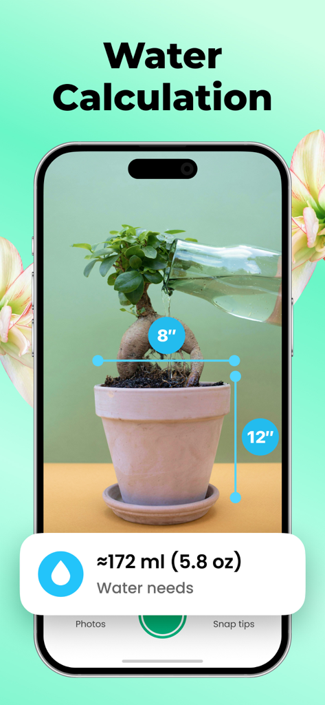 Plant Parent 앱 인터페이스에서 화분에 심은 식물을 측정하여 정확한 물주기 요구량을 표시하는 물 계산기 도구를 보여주는 모습