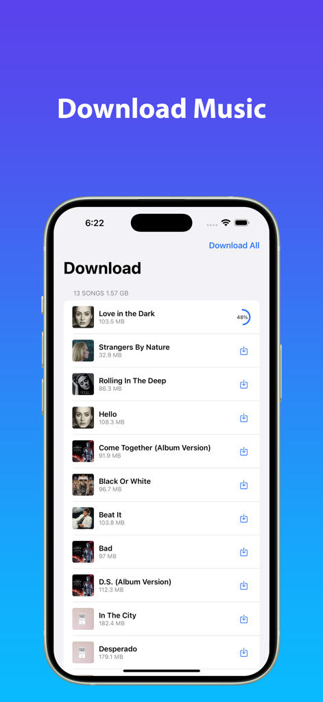 MP3 Tag：Music Tag Editor - Interface do iPhone mostrando uma lista de faixas de música sendo baixadas para uso offline no aplicativo MP3 Tag