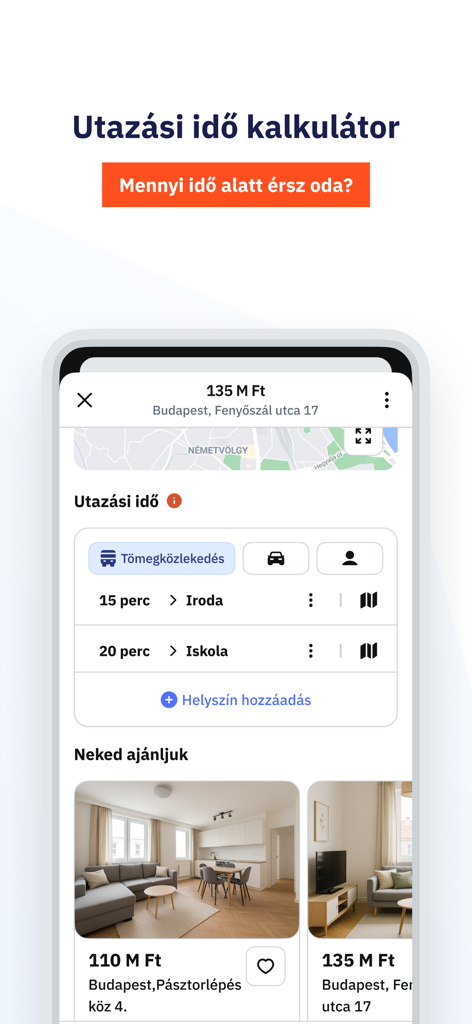 Mobile app interface of the ingatlan real estate platform showing a travel time calculator for property listings in Budapest.