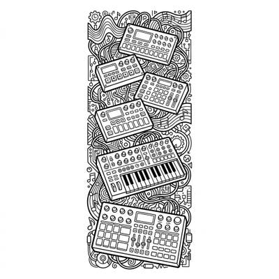 Immerse yourself in the world of electronic music with this intricate groovebox bookmark coloring page. Featuring various electronic instruments amidst a vibrant backdrop of circuit patterns and musical notes, it's a unique creative escape.