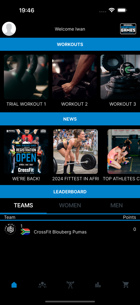 Rebel Renegade Games mobile app interface displaying workouts, fitness news, and team leaderboards.