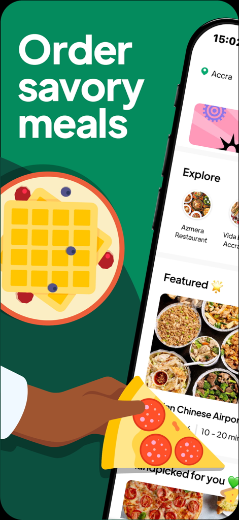 Chowdeck | Food Delivery - Chowdeck mobile app interface showing food delivery options in Accra with featured restaurants and a slice of pizza