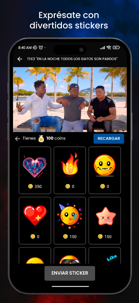 PRONYR TV - Tela do aplicativo móvel PRONYR TV mostrando um player de vídeo e uma seleção de stickers divertidos para enviar aos criadores