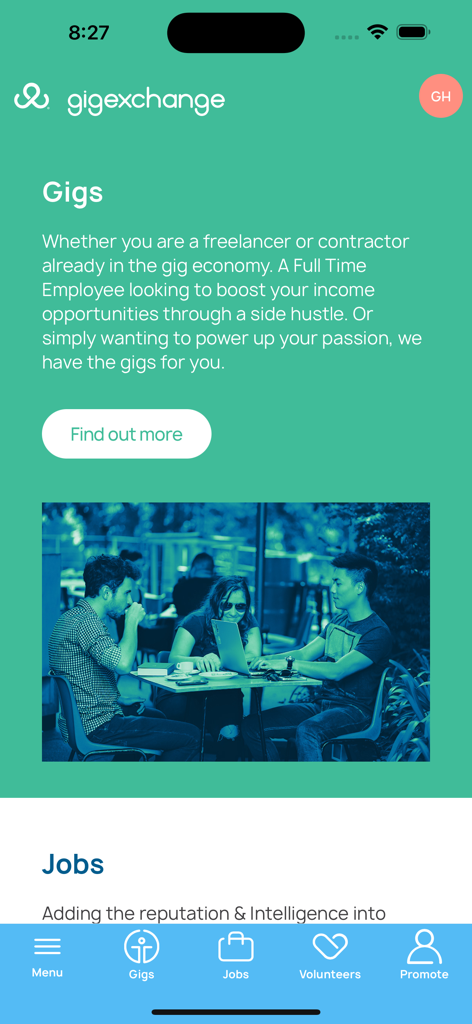 gigexchange - Gigexchange app screenshot showing the gigs section for freelancers and side hustlers with a navigation menu for jobs and volunteering