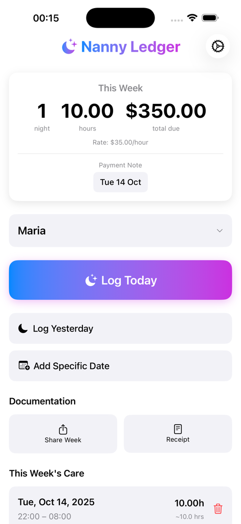 Nanny Ledger - Nanny Ledger app interface displaying weekly care hours and total payment calculation