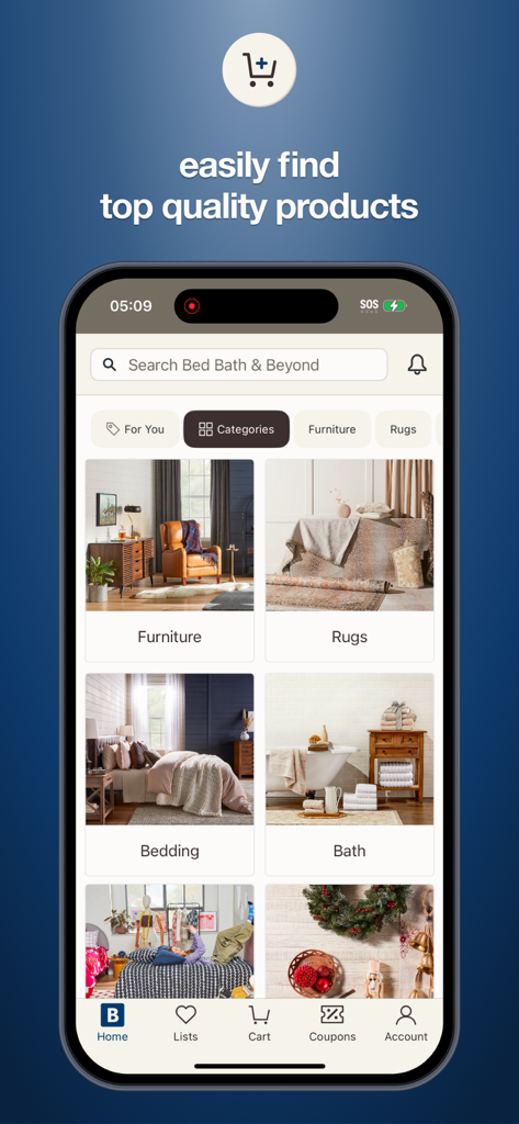 Bed Bath & Beyond - Bed Bath and Beyond app interface showing categories for furniture rugs bedding and bath