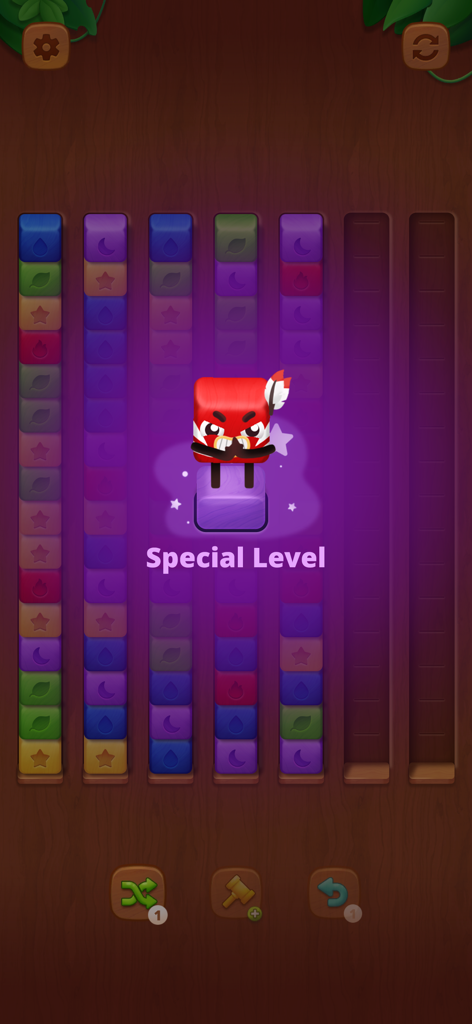 Wooden of Wonders: Blocksort - Gameplay of Wooden of Wonders Blocksort showing a special level with colored wooden blocks in tubes.