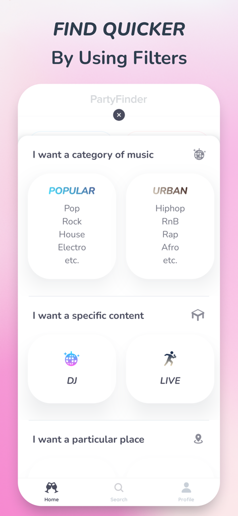 PartyFinder - Belgium - Interfaccia dell'app mobile PartyFinder che mostra filtri per genere musicale e tipo di evento