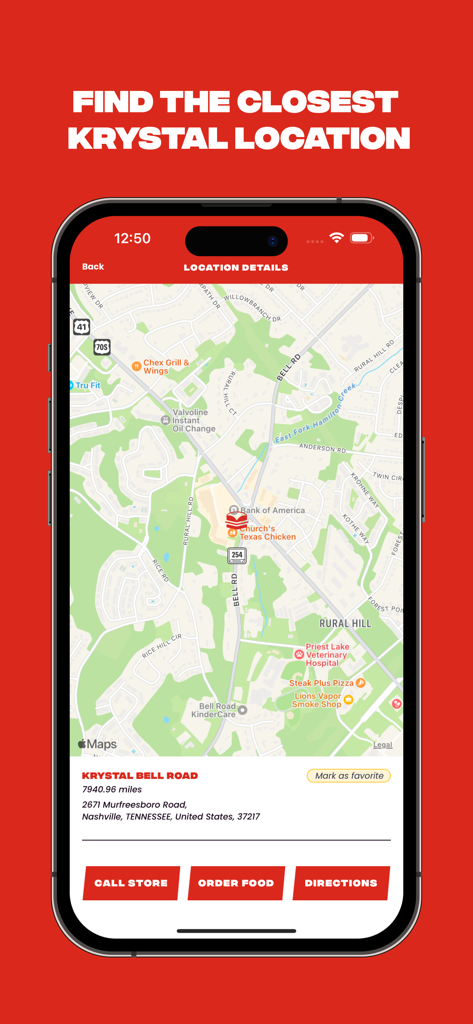 Krystal mobile app store locator screen with map and location details