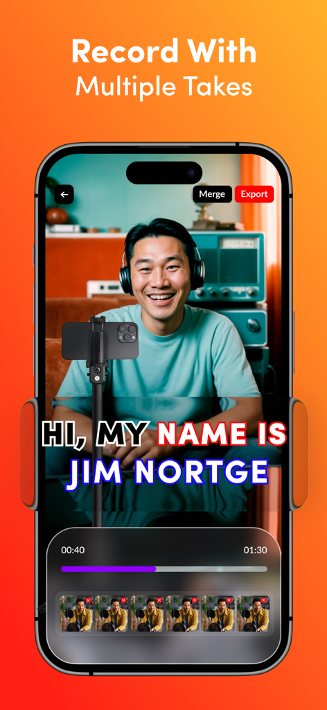 Teleprompter :Video Recording· - A smartphone interface showing a video recording session with a teleprompter script and a timeline of multiple takes.