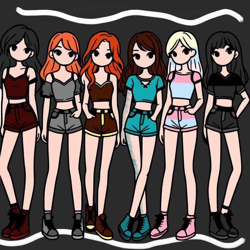 a group of girls wearing crop tops and shorts
