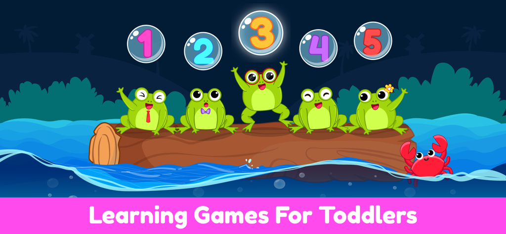 Kids Nursery Rhymes & Songs 1+ - Cinco ranas de dibujos animados felices en un tronco con números en burbujas para juegos de contar para pequeños.