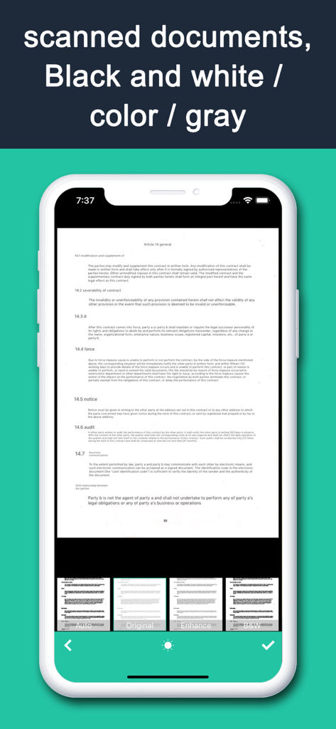 OmnScanner - PDF Scanner App - OmnScanner app interface showing a scanned document with options for black and white, color, and gray filters