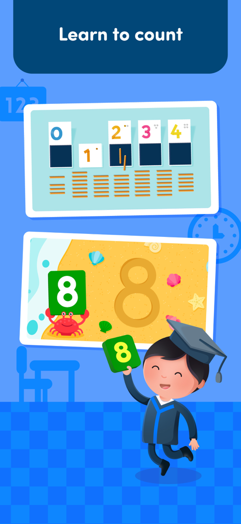 Montessori Preschool app screen showing math activities for learning to count with digital spindle boxes and sandpaper numbers.