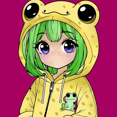 cute realistic girl in a froggy hoodie