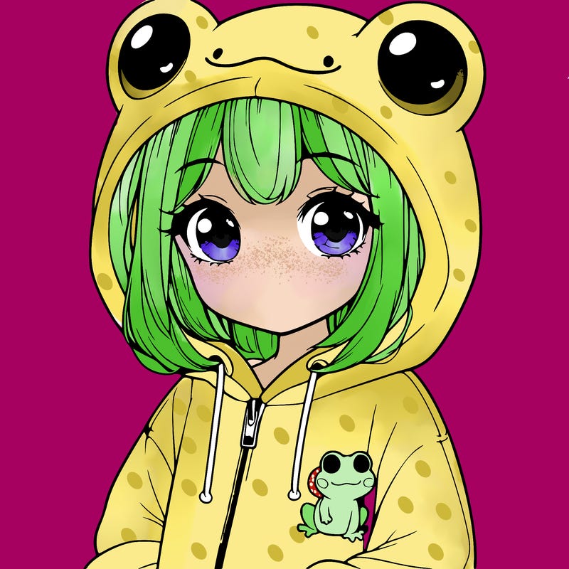 cute realistic girl in a froggy hoodie