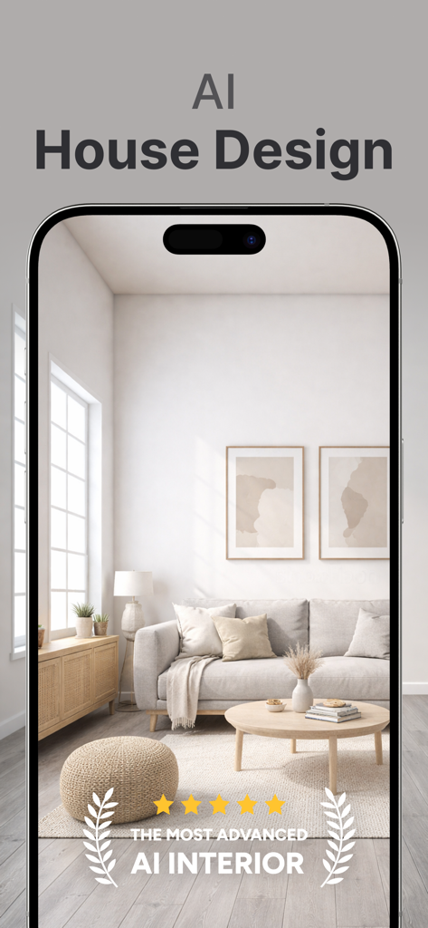 Teléfono inteligente mostrando la aplicación Housify AI con una visualización de diseño de interiores moderno