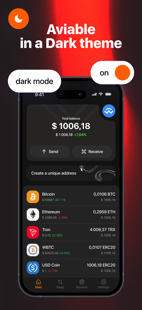 Safe Wallet app interface showing cryptocurrency balances and portfolio value in dark mode theme