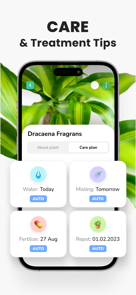 Plant Identifier - PlantMe - PlantMe app interface showing a personalized care plan with automated reminders for watering misting fertilizing and repotting a Dracaena Fragrans