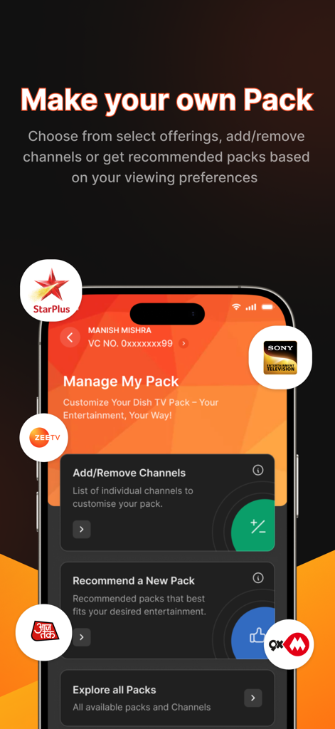 Interface of the My DishTV app showing the Make your own Pack screen for managing Indian TV channel subscriptions.