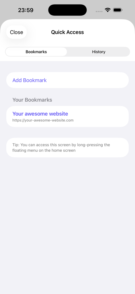 Minimalistische Schnellzugriffsansicht mit Lesezeichen in der ZenBrowser-App