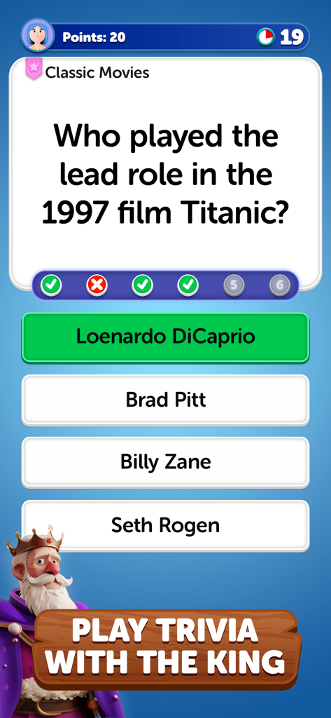 A mobile screenshot of Trivia Tower showing a multiple choice question about the film Titanic from the Classic Movies category.