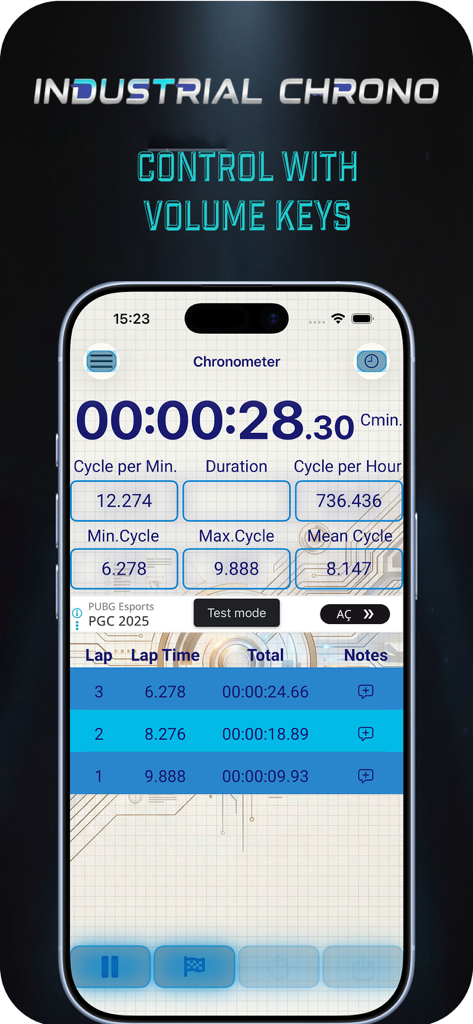 Interfaz de la aplicación Industrial Chronometer con datos de tiempo de ciclo y texto de control de teclas de volumen