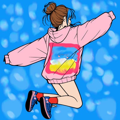 realistic girl jumping with a bun and oversized sweatshirt