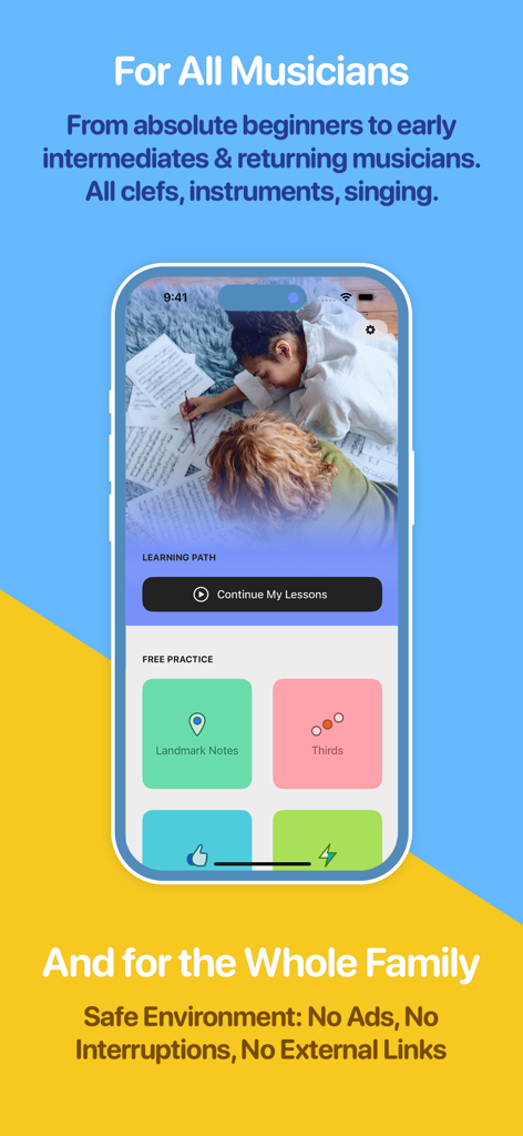 Notaforte: Sight Reading Tutor - Notaforte app screen showing music learning path and practice categories for musicians of all levels.