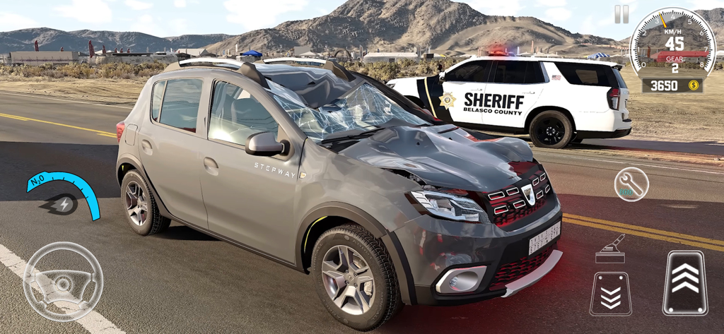 Real Car Crash Game Simulator - A grey car with a smashed windshield and hood next to a sheriff vehicle in a desert environment