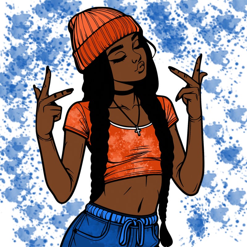 realistic teenage girl with braids and a beanie and crop top doing 🫶🏼