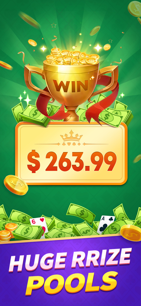FreeCell Solitaire: Real Money - Golden trophy and cash prize display for FreeCell Solitaire real money game