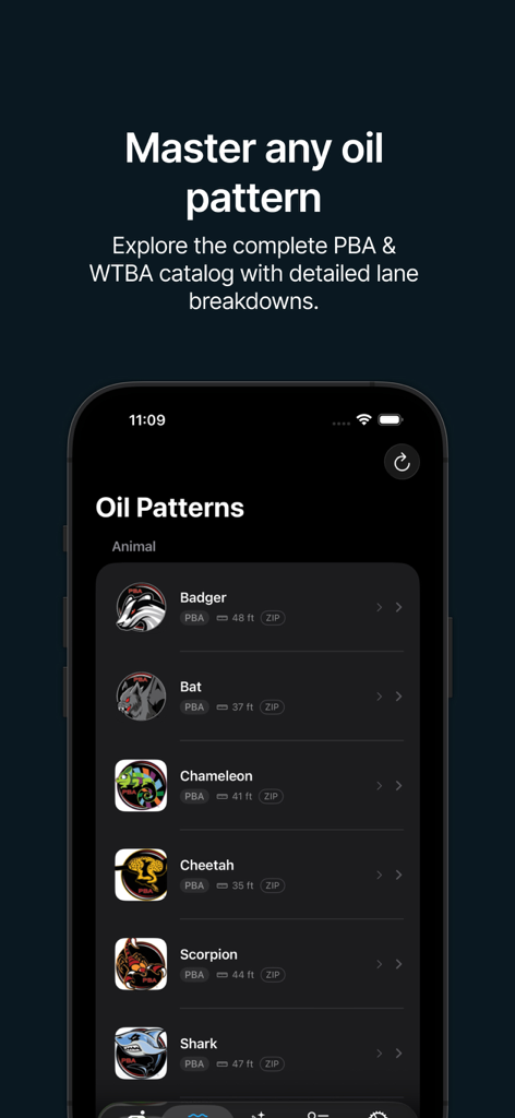 AI Bowling - AI Bowling app interface displaying a list of professional PBA and WTBA oil patterns for lane analysis