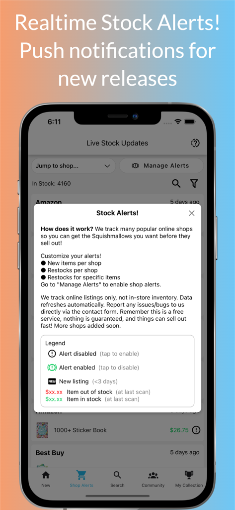 SquadApp interface showing real-time stock alerts and push notifications for new Squishmallow releases