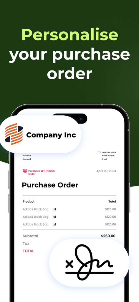 Purchase Order Maker - PO app - A smartphone showing a personalized purchase order with a custom logo and digital signature.