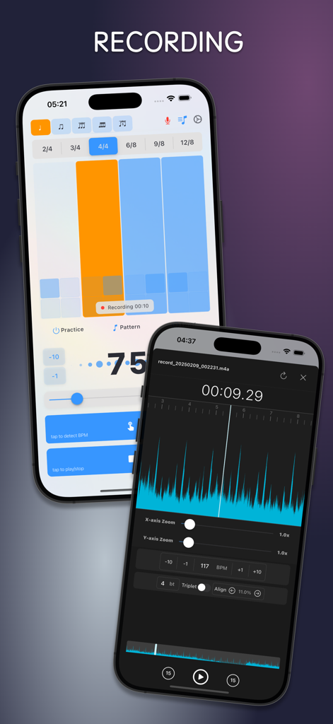 Deux iPhones montrant l'interface d'enregistrement et la visualisation de la forme d'onde audio de l'application Metronom.