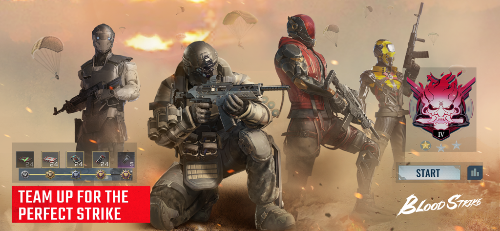 Blood Strike - FPS for all - Quattro striker tattici in piedi in un ambiente polveroso con la scritta fai squadra per lo sciopero perfetto