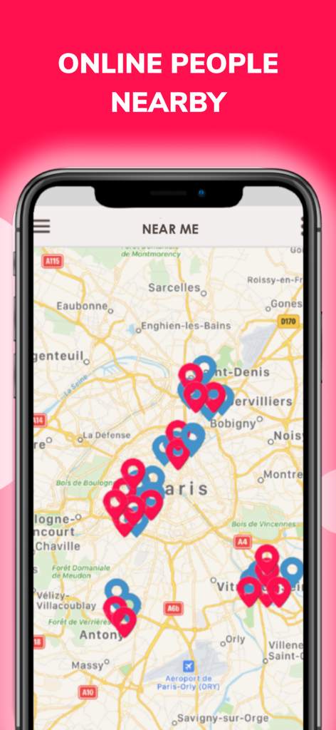 Interfaz de la app de citas Tchatche mostrando un mapa de personas en línea cercanas