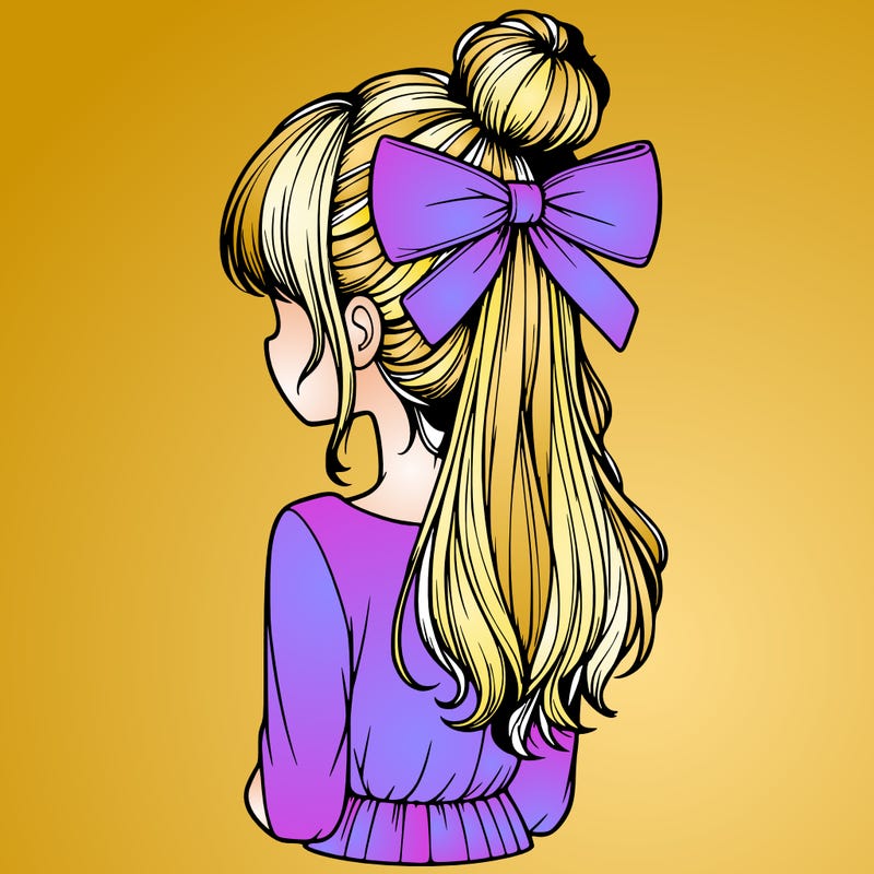 realistic girl  with hip length hair a bun and a big bow on the back of head