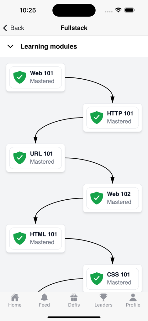 fata - Interface of the fata app showing a fullstack web development learning roadmap with several mastered modules