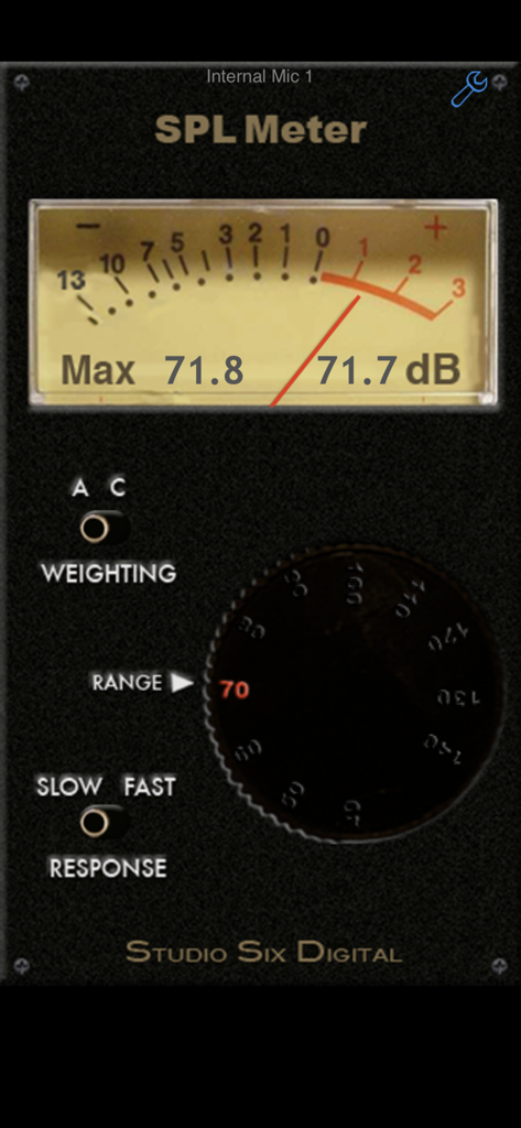 SPL Meter - Interfaz de la aplicación SPL Meter profesional con pantalla analógica de decibelios y controles técnicos