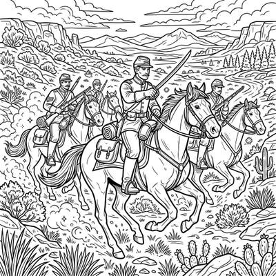 Discover the thrill of the Old West with this action-packed coloring page featuring brave cavalry soldiers on horseback. Perfect for teens, it combines historical adventure with intricate details for an engaging artistic challenge.