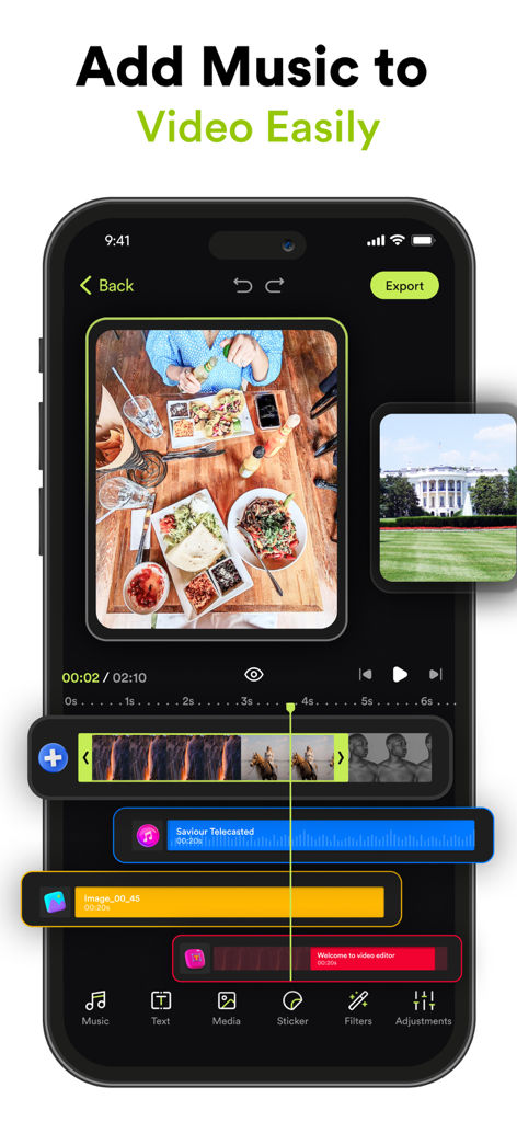 Mobile video editing interface in VILO showing a multi track timeline with music and video clips